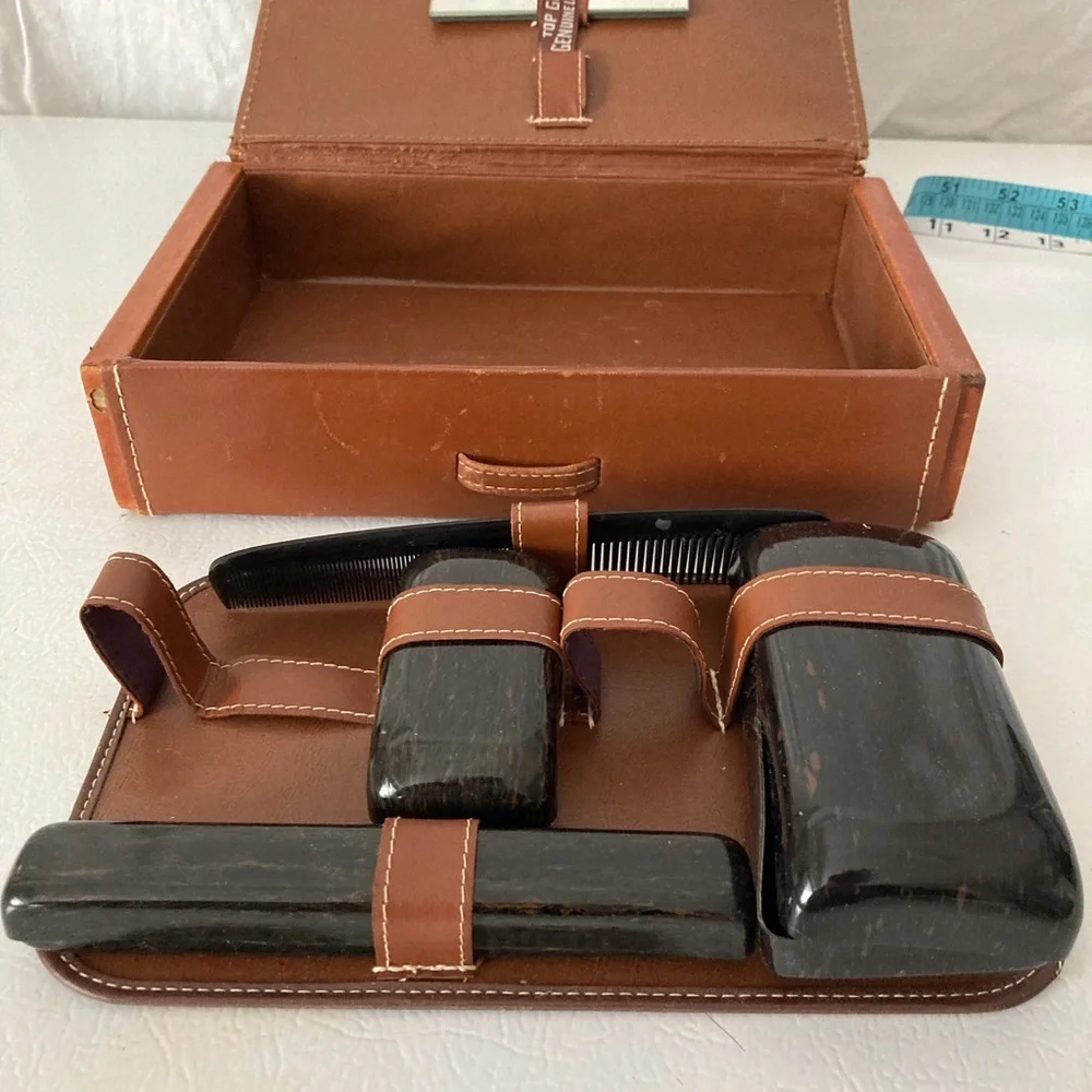 Leather Toiletry Kit Top Grain Leather W/ Faux Tortoise Boxes and Containers